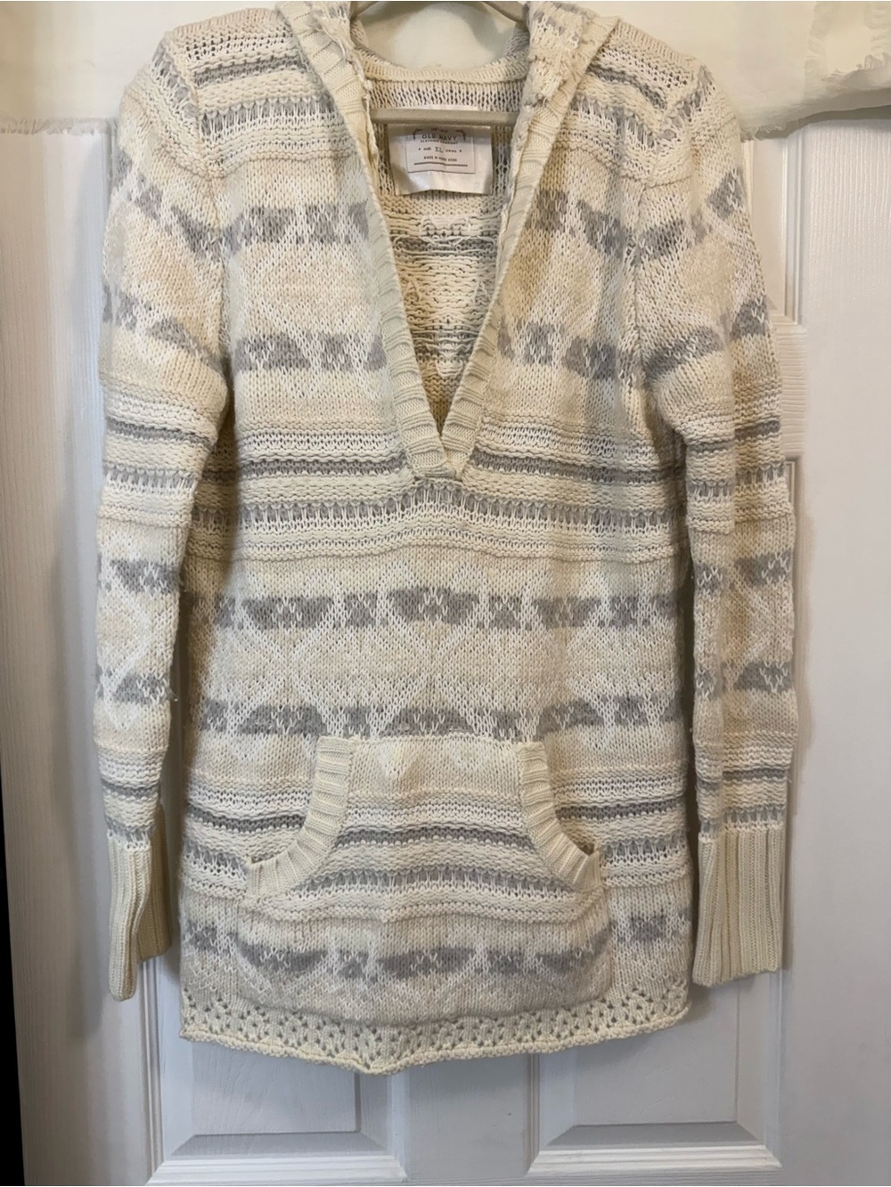 Old Navy Cream and Light Gray V-Neck Hooded Knit Women’s Sweater-Sz XL